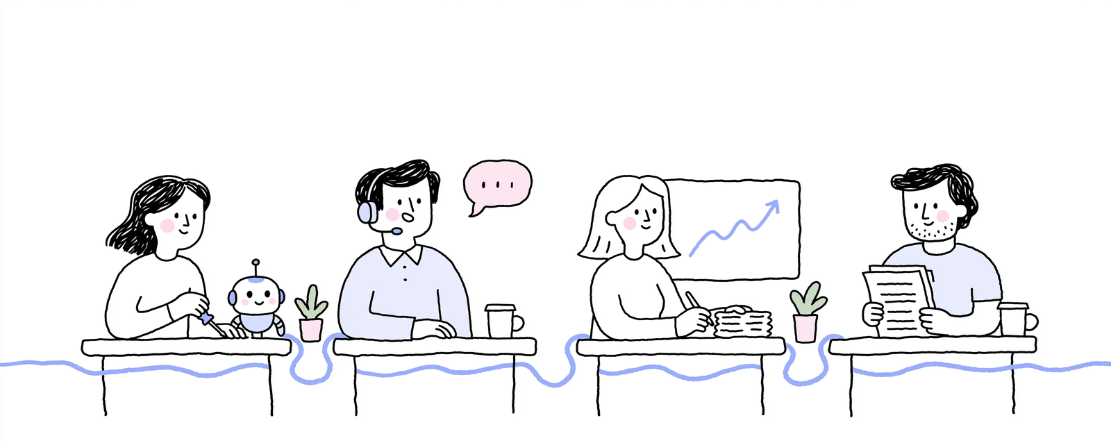 Doodle: a row of diverse team member portraits at desks, one tuning a robot, one on a call, one drawing on a whiteboard.