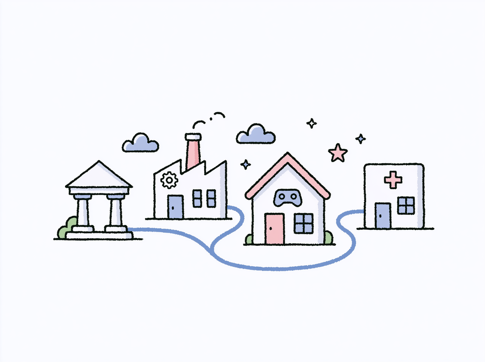 Doodle: a cluster of different workplaces — law office, factory, game studio, clinic — connected by one friendly line.