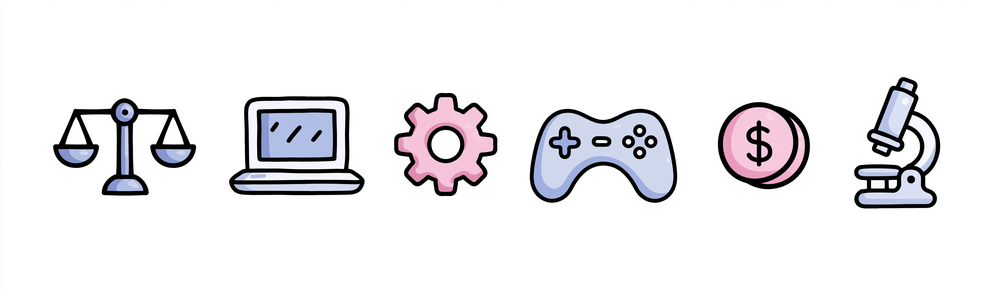 Doodle strip: six small industry icons in a row — scales of justice, laptop, gear, game controller, coin, microscope — hand-drawn, evenly spaced (use as a logo-wall stand-in).