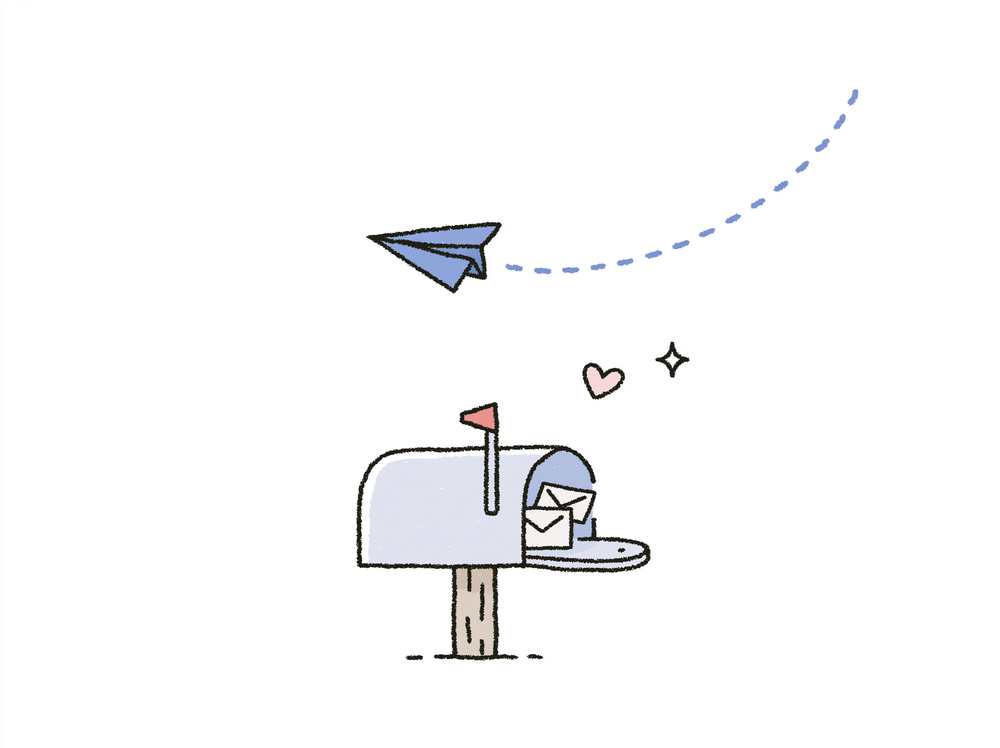 Doodle: an open mailbox with a letter flying out as a paper plane toward a smiling face.