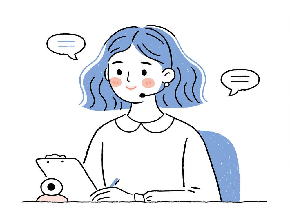 Hero portrait of Rena at her interview desk: headset on, clipboard in hand, webcam beside her, speech bubbles floating around.