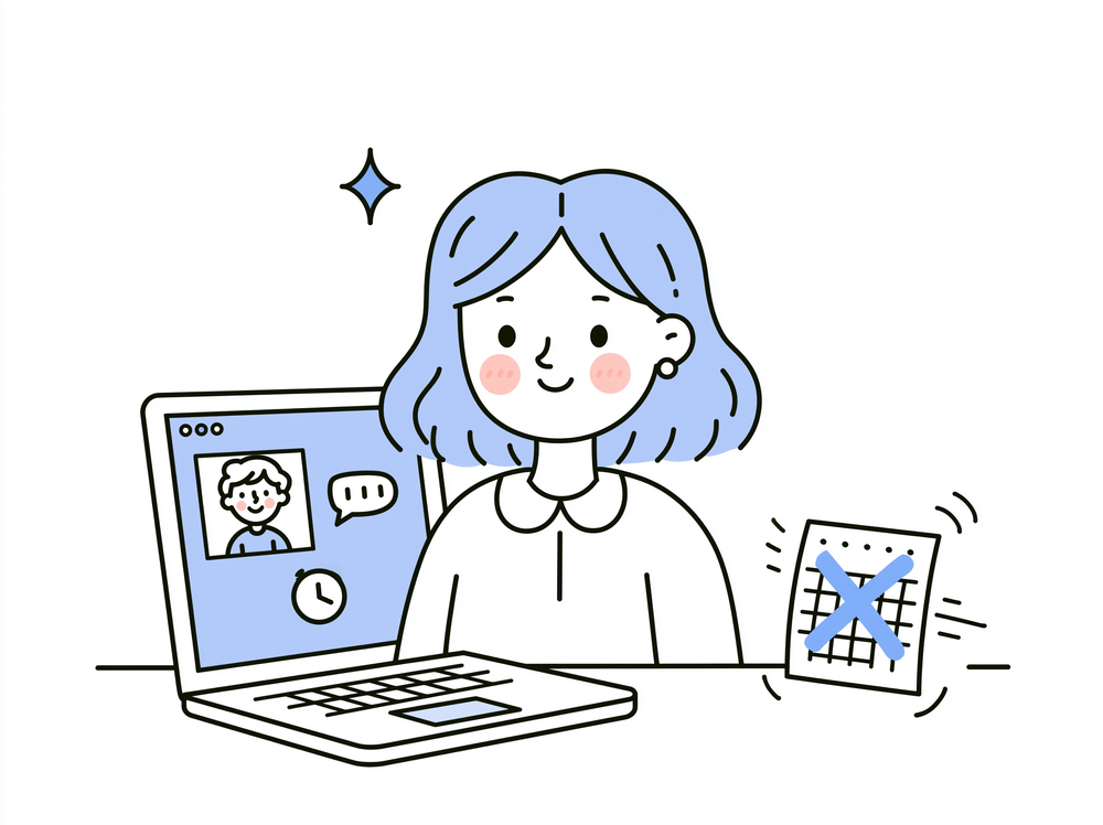 Rena tossing a crossed-out calendar page over her shoulder and pressing a big play button; a clock face shows any hour works.