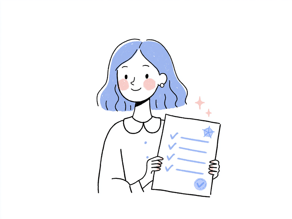 Rena presenting a one-page report with checkmarks and a small radar chart, stamping it 'proceed'.