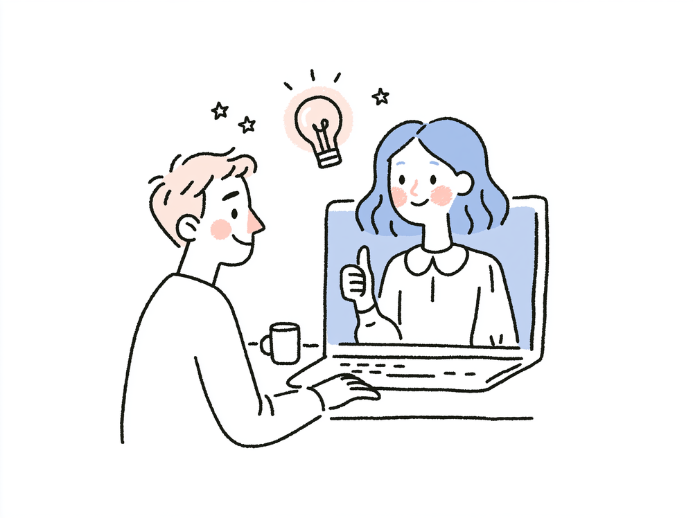 A candidate practicing at a laptop while Rena appears on screen coaching them; a lightbulb and encouraging stars above.