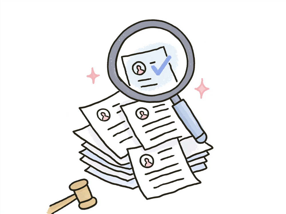 Doodle: a magnifying glass finding one highlighted profile card in a stack, gavel in the corner.