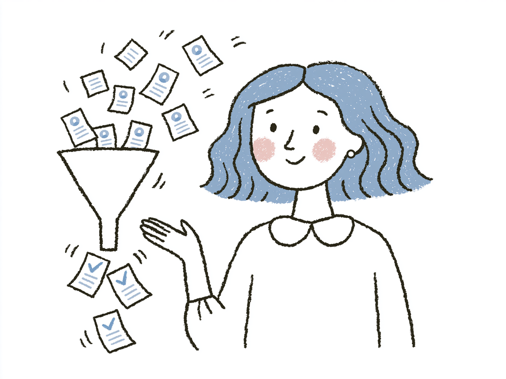Rena managing a funnel: many small resumes enter at the top, a tidy shortlist of three comes out below.